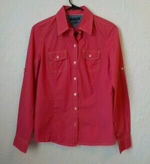 Tommy Hilfiger Pink Shirt Women Small Button Up Long Sleeve White Seams Preppy